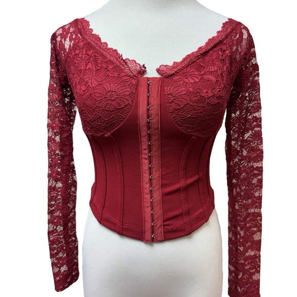 AKIRA Womens Small Red Corset Bustier Date Night Lace Sleeves Regency Going Out - Picture 15 of 16